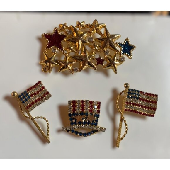 4 piece Patriotic Brooch Pin Set Collection With Stars & Stripes Design Red/Blue - Picture 2 of 16